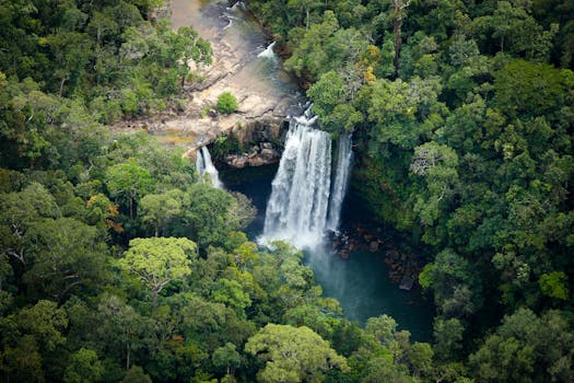 Aerial shots of a remote waterfall in the Cardamom Mountains 