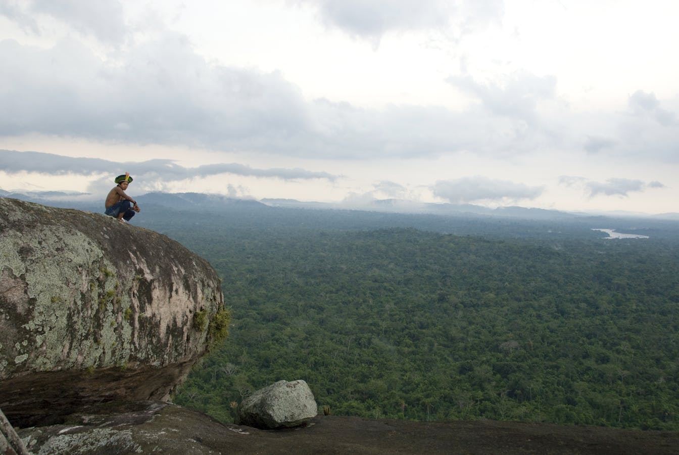 Kayapo man on top of the mountains with forest.
